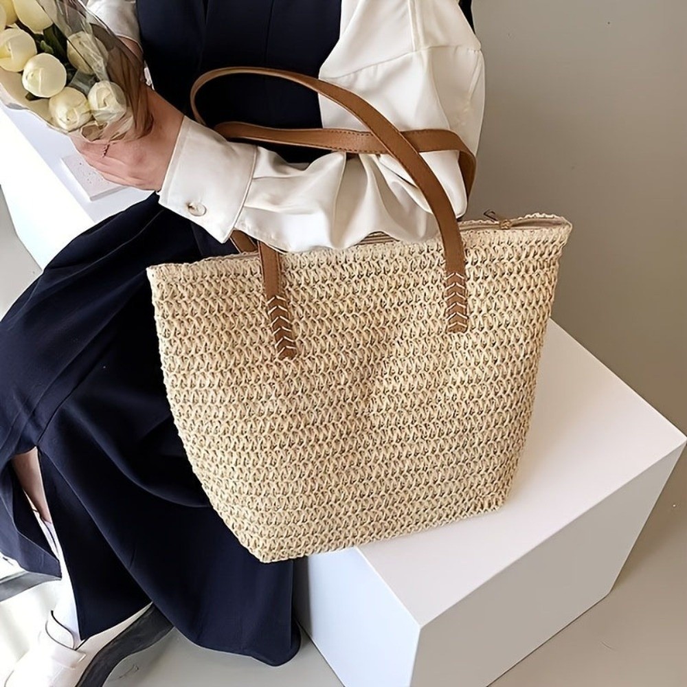 Tote Bag Beach - Moda Düz Renk Örgü Hasır Tote