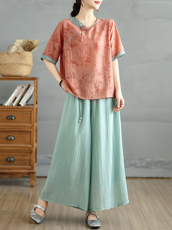 Linen Pant Wide - Çin Çiçek Baskılı Keten İpek V