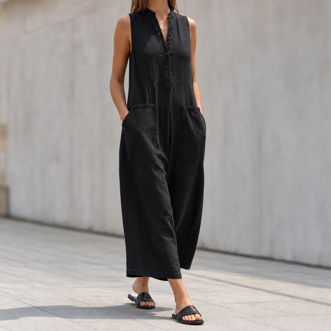 Jumpsuit Linen Relaxed - Kadınlar İçin Kolsuz Mandarin Yaka Bol