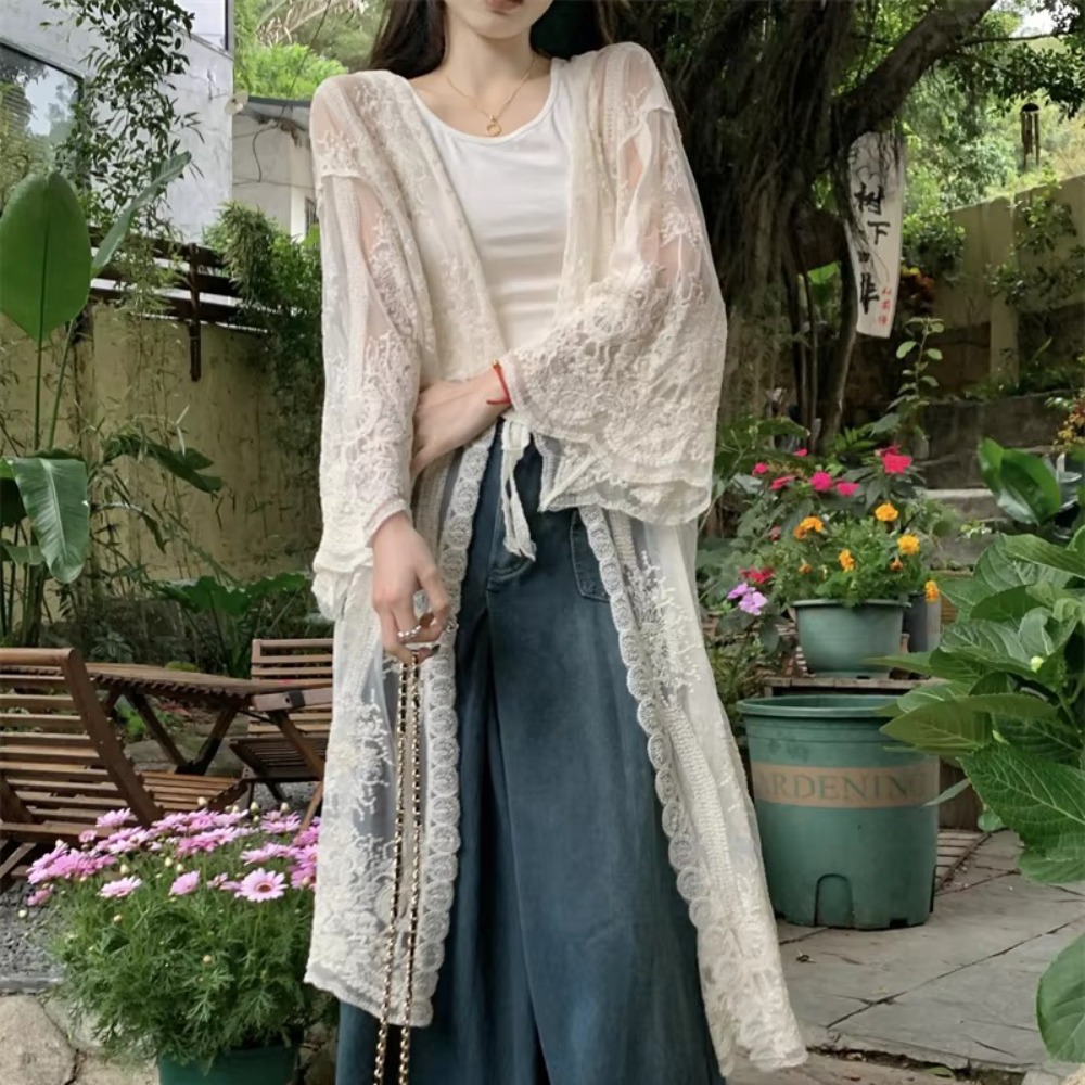 Kimono Sheer Floral - Hafif Bağcıklı Dantel Bluz Nakışlı Bol