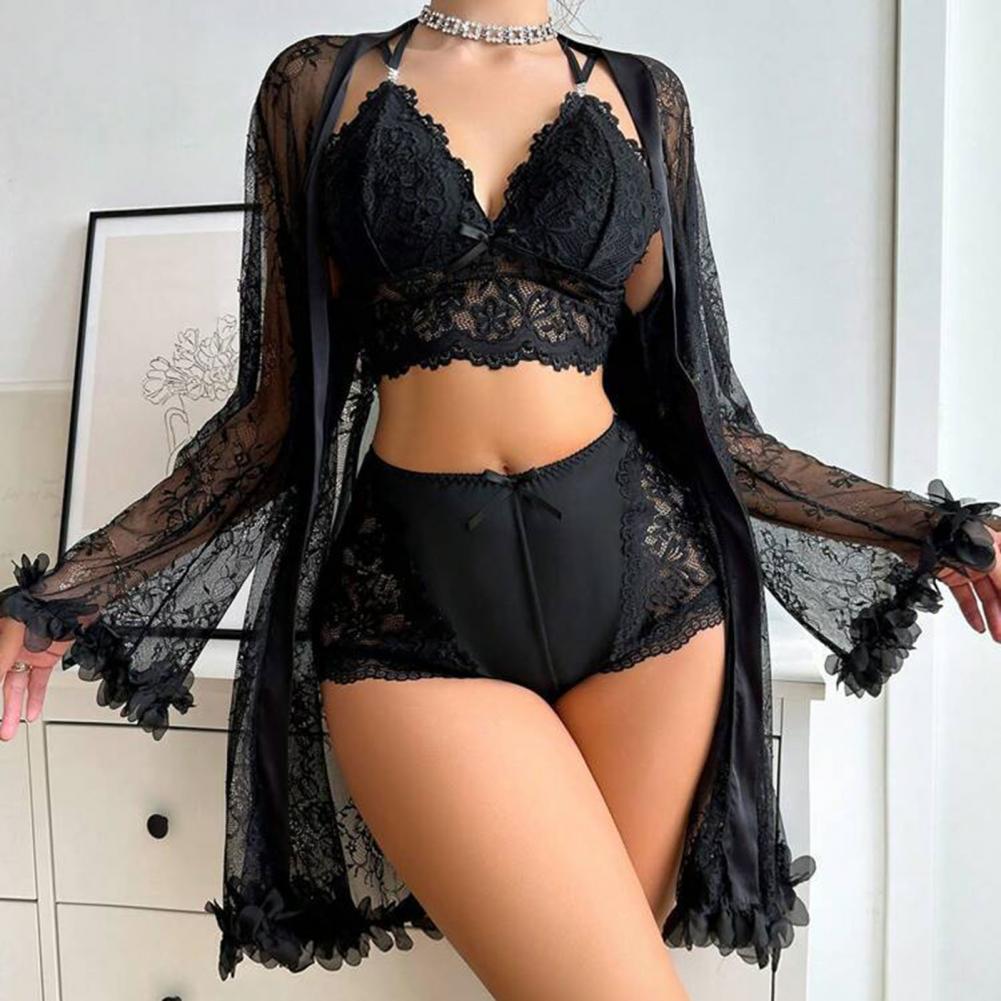 Kimono Sheer Floral - Seksi pijama takımı çiçekli dantel uyku