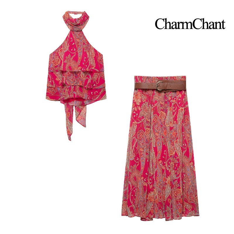 Midi Skirt Floral - CHARMCHANT Kadın Paisley Desenli Halter Yaka
