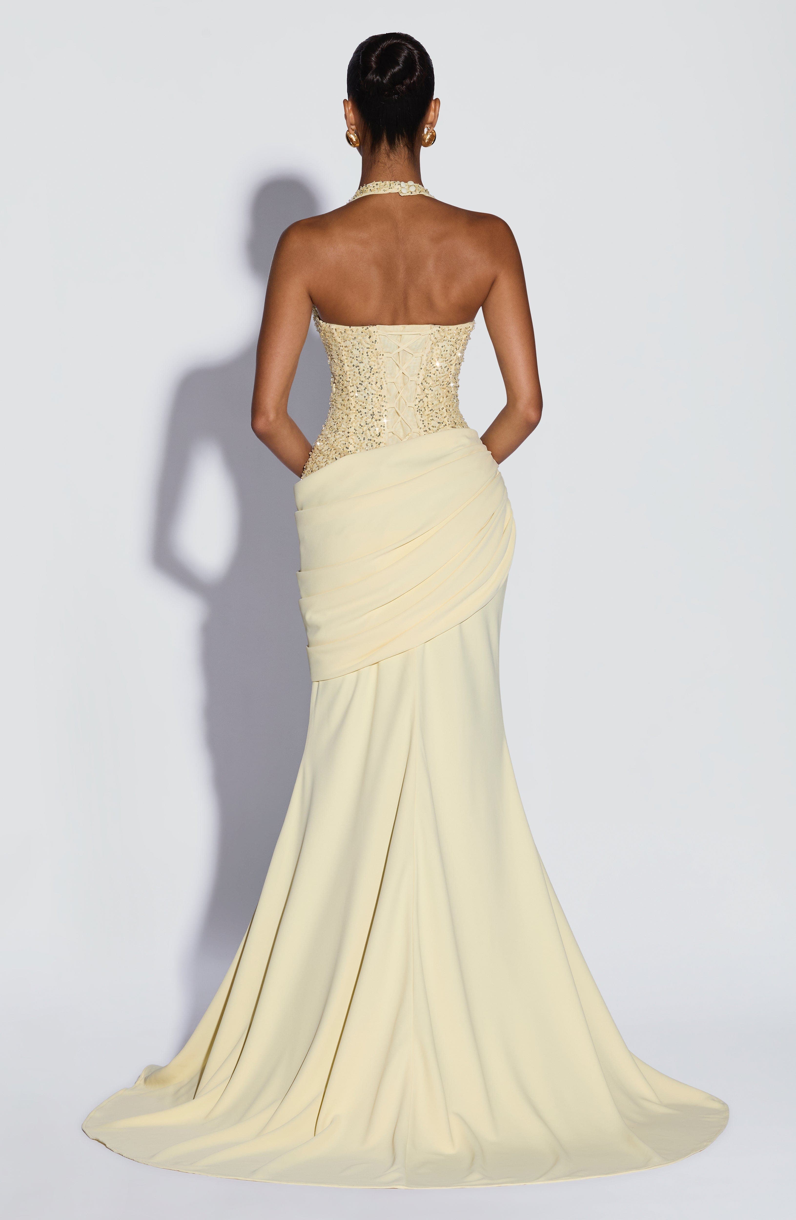 Maxi Dress Halter - Lüks Halter V Yaka Pullu Maksi