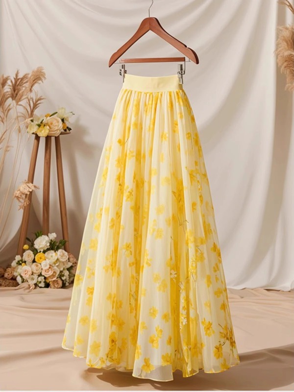 Midi Skirt Floral - Yaz 2026 Yüksek Bel Sarı A