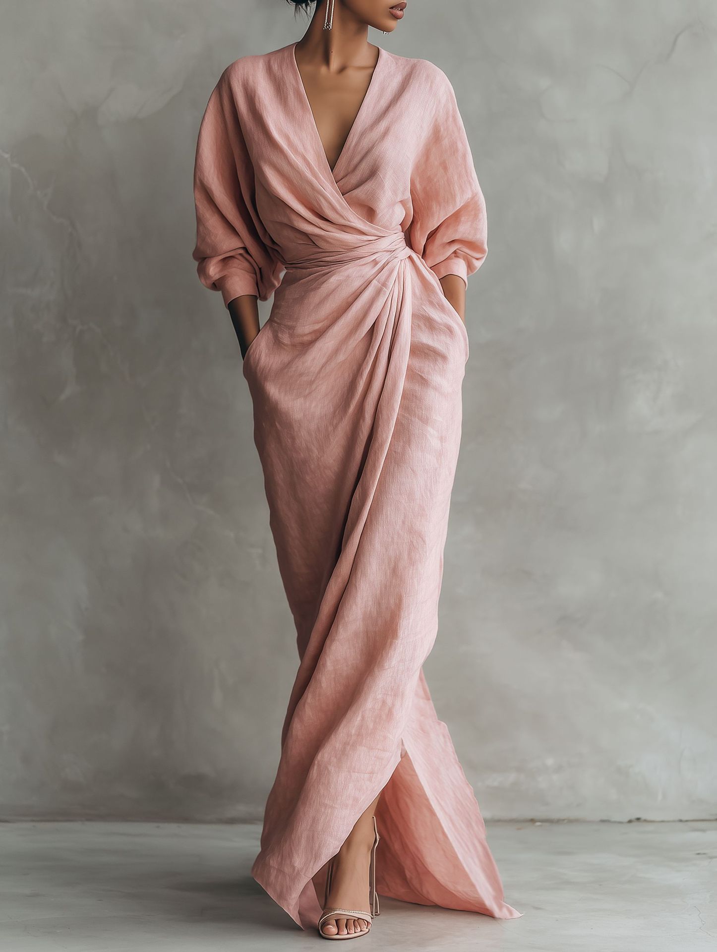 Linen Dress Wrap - Kadın Keten Karışımı Wrap Maxi Elbise