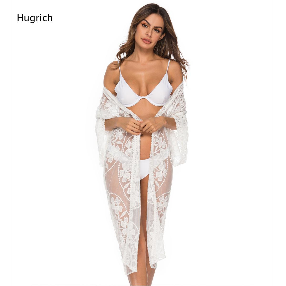 Kimono Sheer Floral - Beyaz Çiçek Desenli İşlemeli Dantel Uzun
