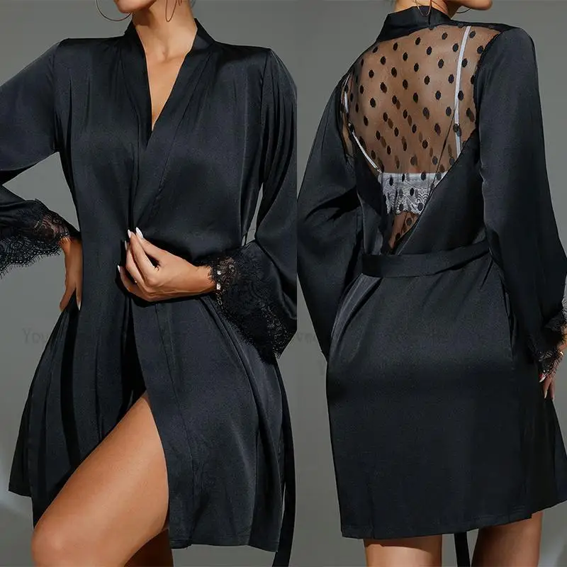 Kimono Sheer Floral - Kısa Kimono Siyah Şeffaf Örgü Elbise