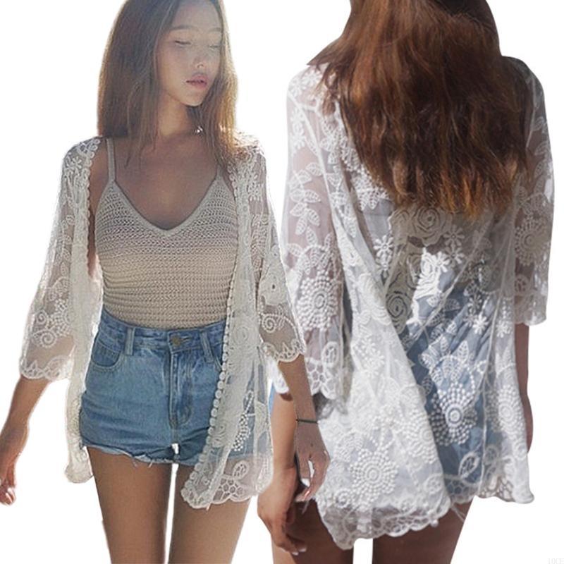 Kimono Sheer Floral - Kadın Dantel Açık Ön Kimono Tığ