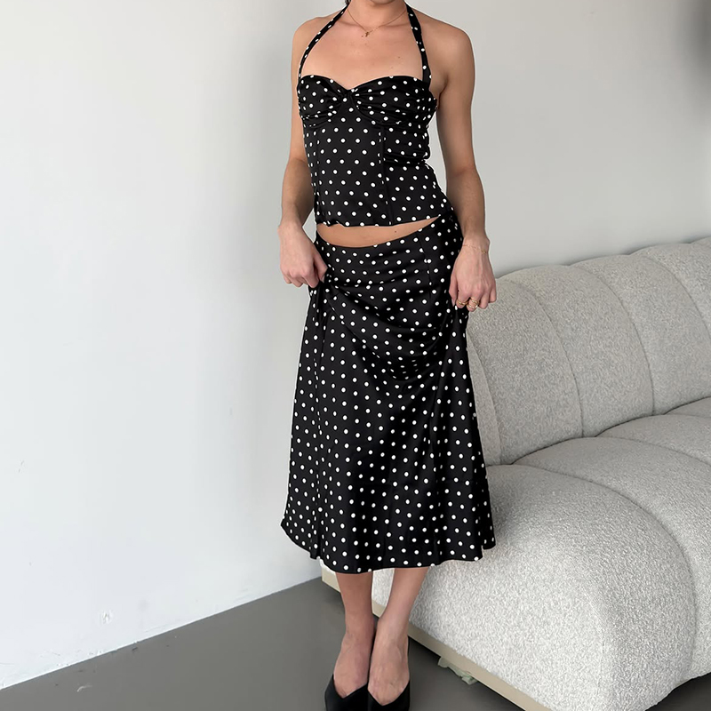 Crop Top Crochet - İki Parçalı Set Puantiyeli Etekler Kadınlar