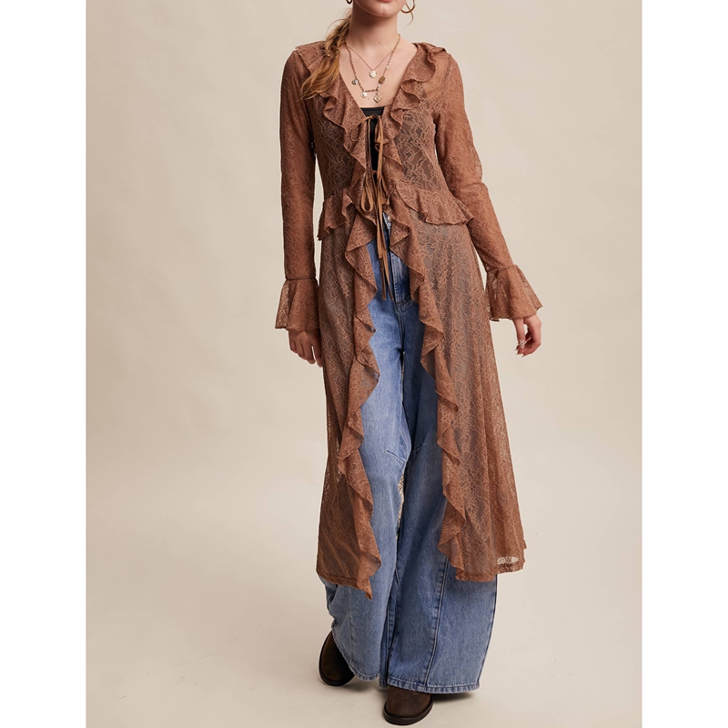 Kimono Sheer Floral - Kadınlar için Çiçek Desenli Dantel Örgü