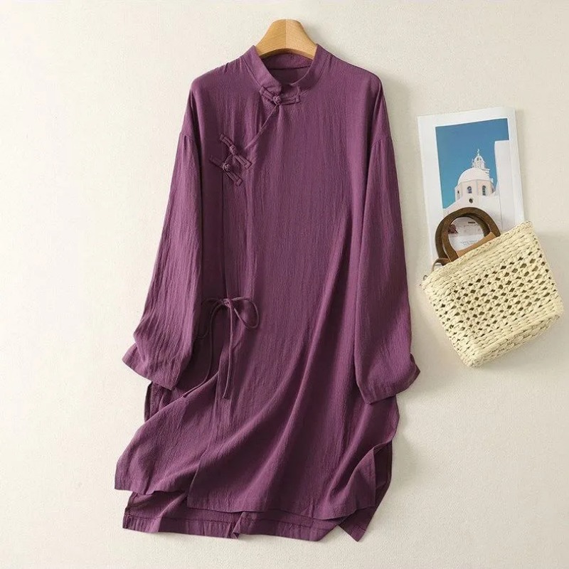 Linen Dress Wrap - Kadın Çin Tarzı Kurbağa Düğmeli Keten