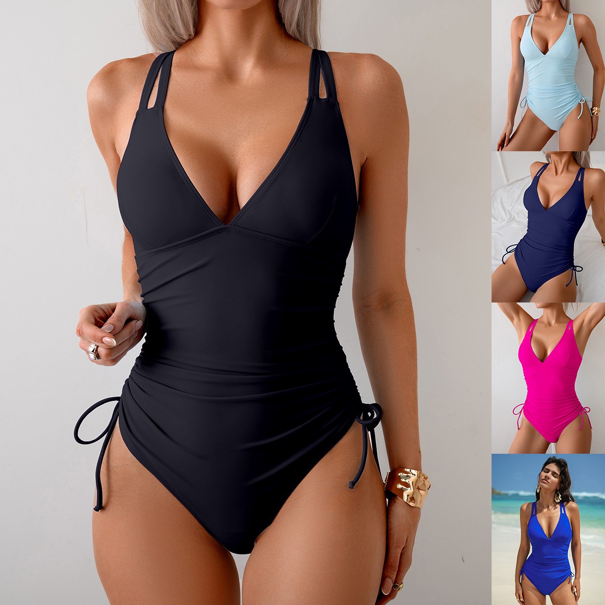 Swimsuit Bikini Ruched - Düz Siyah Mayo V Yaka Büzgülü