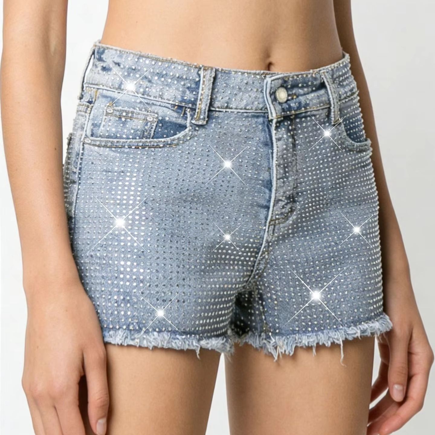 Shorts Denim Frayed - 2026 Yeni Tamamen Mücevherli Elastik Mavi