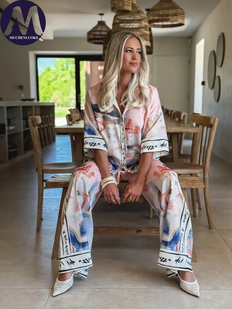 Linen Pant Wide - Kadın Yaz Yeni Zarif Baskılı Yarım