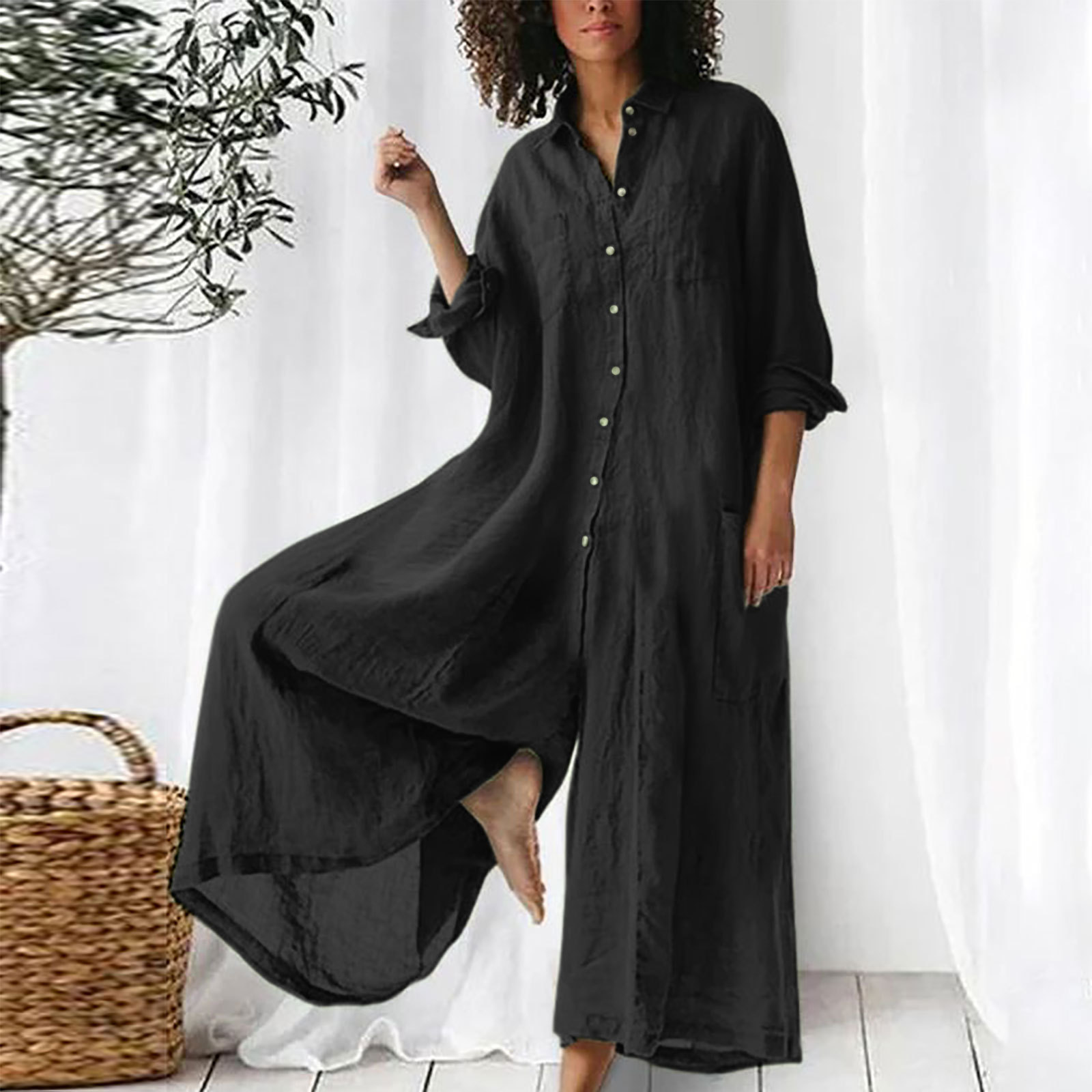 Jumpsuit Linen Relaxed - Bayan Tulumları Günlük Uzun Kollu Tulum