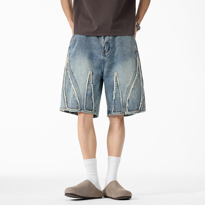 Shorts Denim Frayed - Erkek Bol Paça Kot Şortlar, Ham