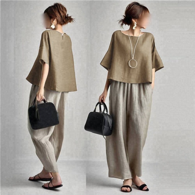 Linen Pant Wide - İki Parçalı Kadın Pantolon Takımları Düz