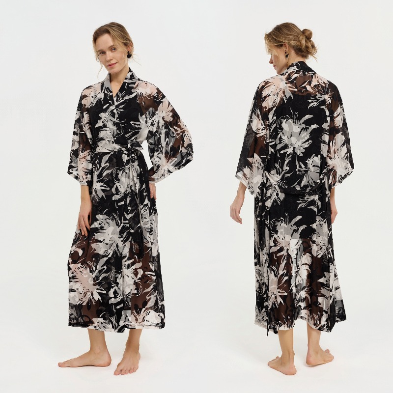 Kimono Sheer Floral - Kadın Siyah Beyaz Mürekkep Çiçekli Şeffaf