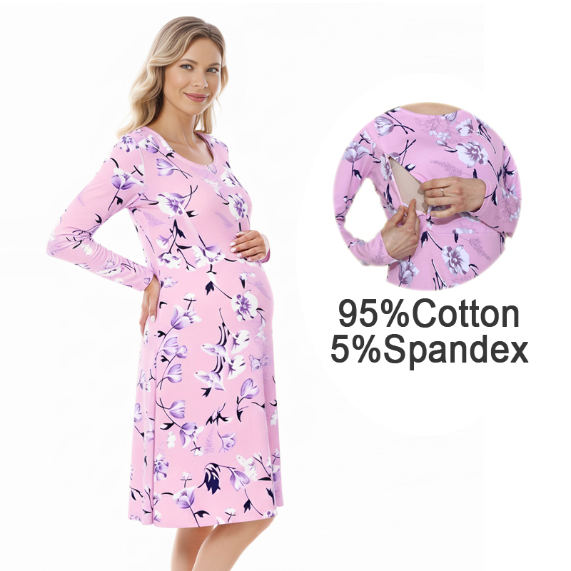 Midi Skirt Floral - Çiçekli Hemşirelik Annelik Elbisesi Yuvarlak Yaka