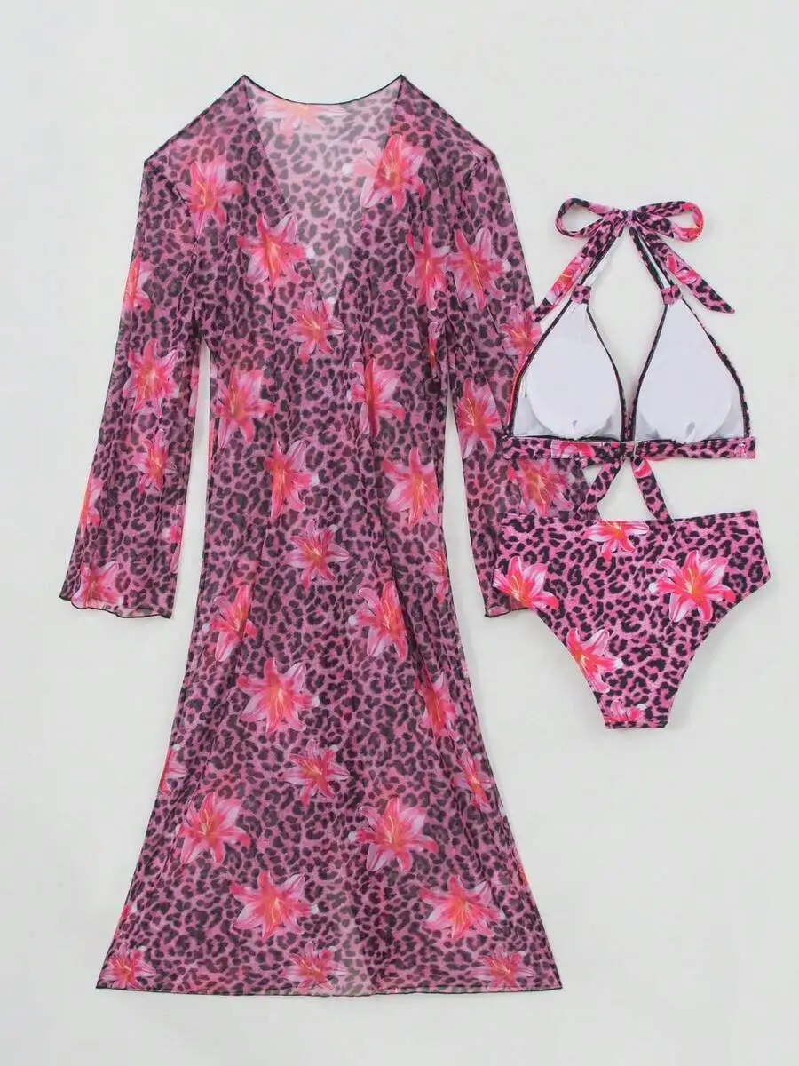 Kadın 3 Parça Leopar Çiçek Des - Kimono Sheer Floral incelemesi ve fiyatı